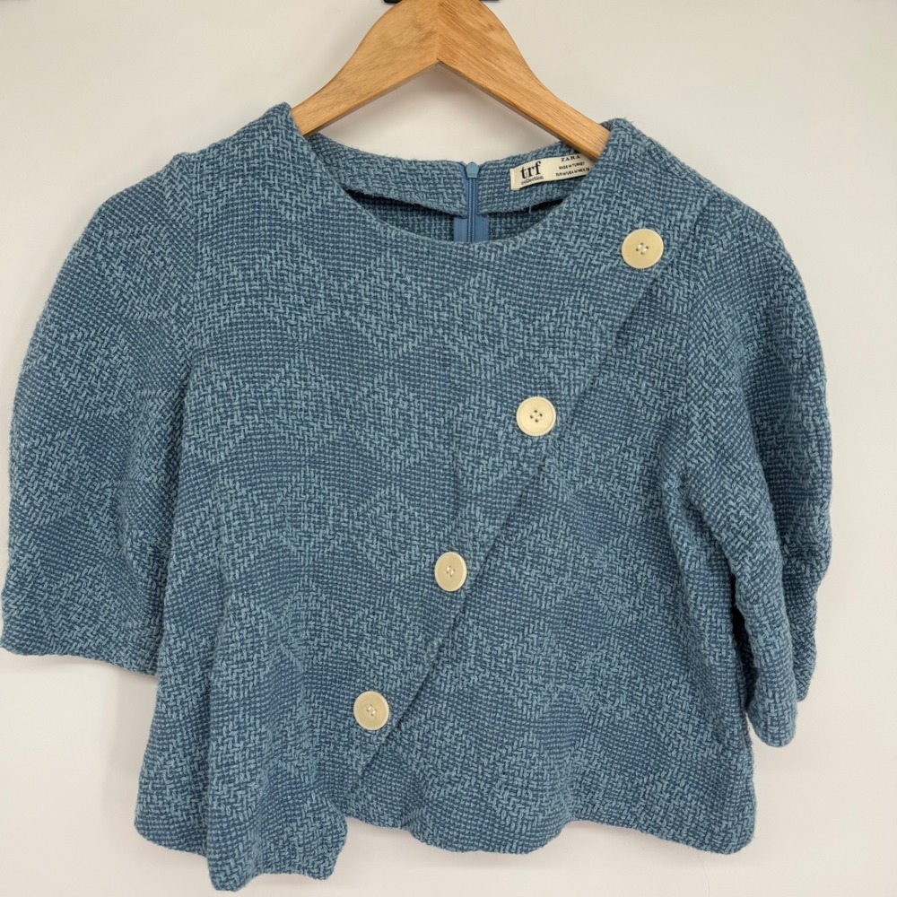 Zara TRF Blue Textured Tweed Academia Asymmetrical Button Crop Top Medium